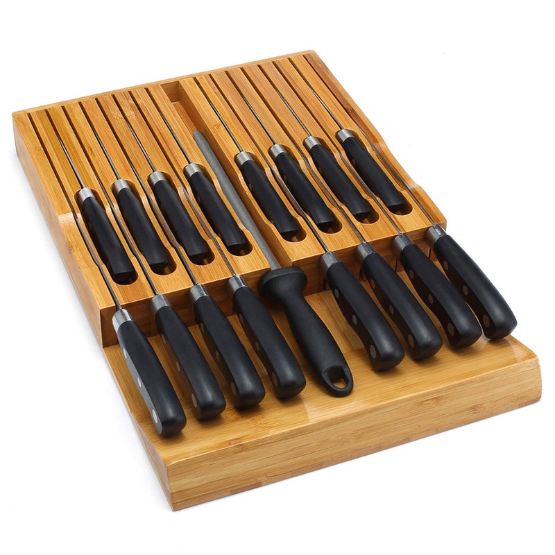 VaeFae In-Drawer Knife Block,Bamboo Knife Drawer Organizer Insert, Kitchen Knife Drawer Storage for 16 Knives PLUS a Slot for your Knife Sharpener (Without Knives) - Image 1